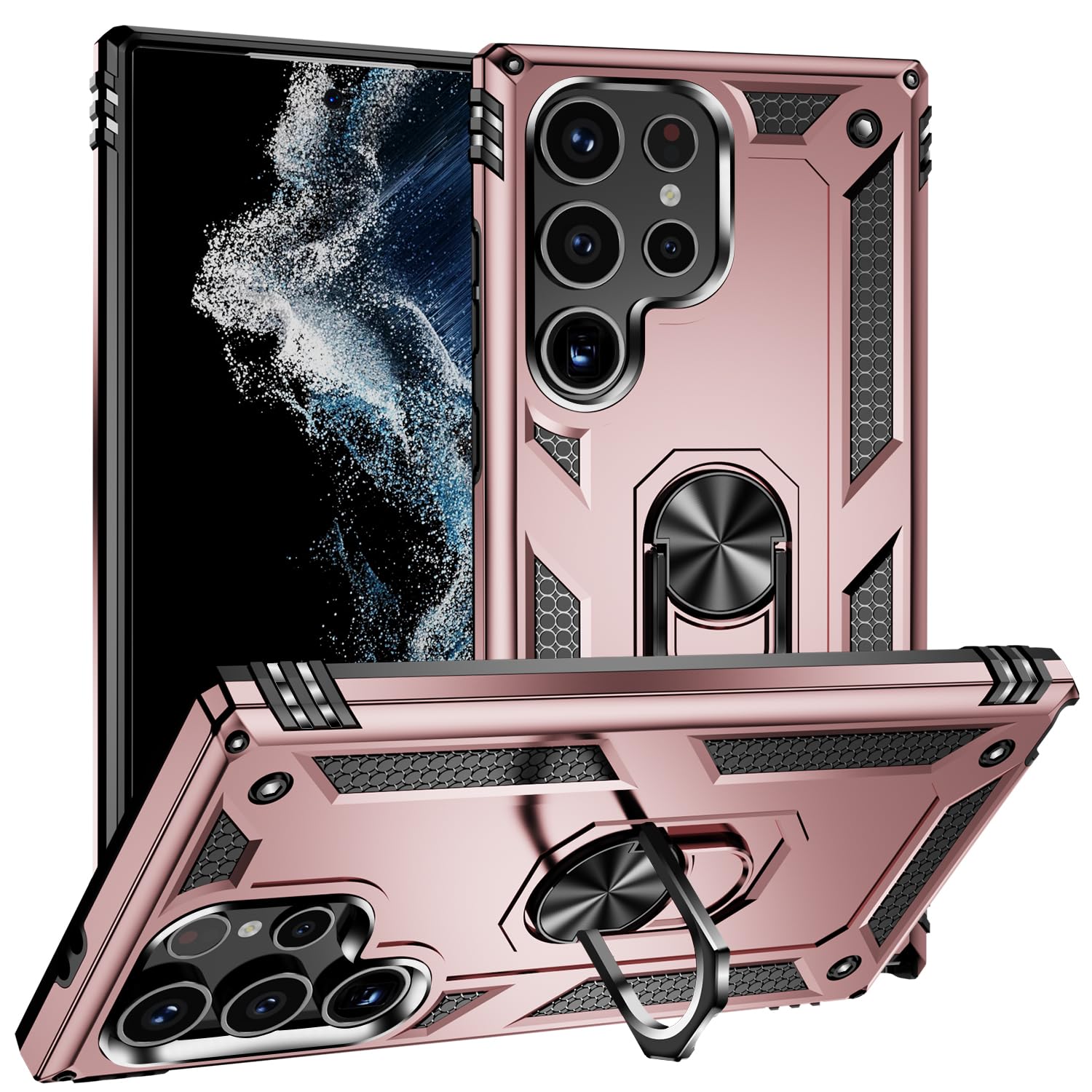 Photo 1 of Dionsibei Military Grade Drop Impact for Samsung Galaxy S23 Ultra Case 360 Metal Rotating Ring Kickstand Holder Armor Heavy Duty Shockproof Case for Galaxy S23 Ultra Phone Case (Rose Gold)