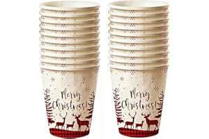 20Pcs Christmas Paper Cups 9oz Holiday Buffalo Plaid Reindeer Silhouette and Christmas Tree Design Red and White 'Merry Chris