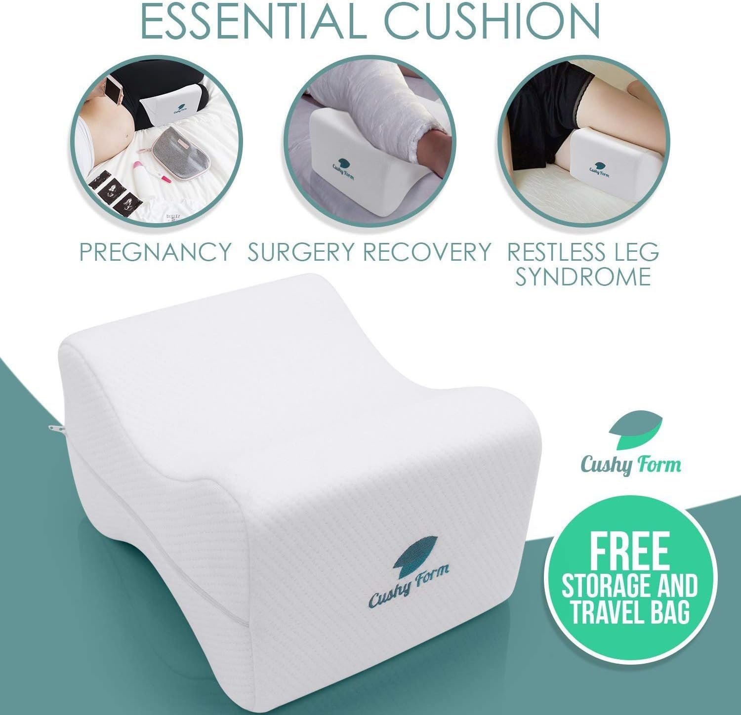 Knee Pillow for Side Sleepers - Sciatic Nerve Pain Relief | Best for Pregnancy, Hip, Knee, Back and Spine Alignment | Memory Foam Orthopedic Leg Pillow Wedge with Washable Cover+Free Storage Bag (Lrg): Home & Kitchen