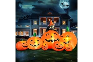 Joiedomi 7 FT Long Halloween Inflatables Pumpkin Outdoor Decorations, 7 Pumpkins Outside Decoration with Witch's Cat with Build-in LEDs Blow Up Inflatables for Party Yard Lawn Garden Decor