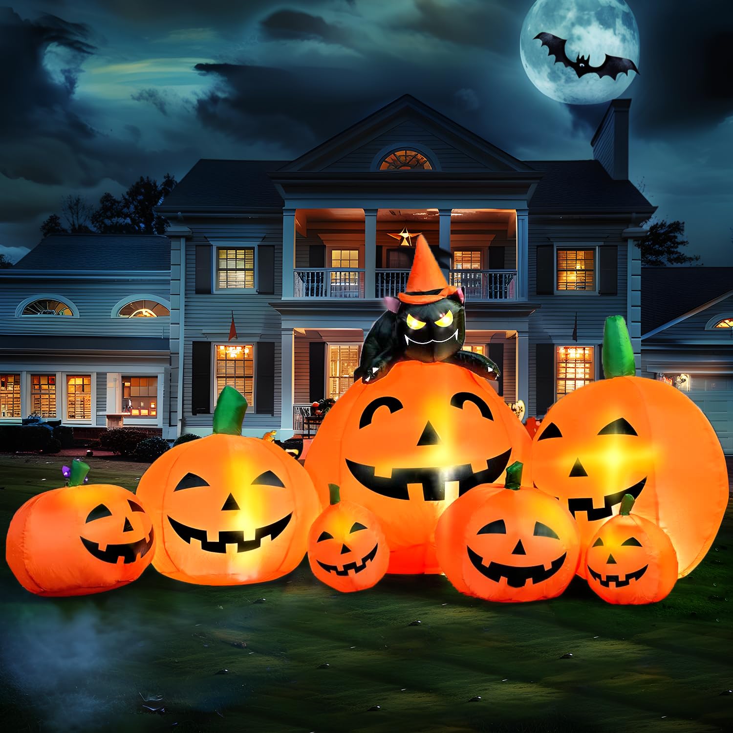 Photo 1 of Joiedomi 7 FT Long Halloween Inflatables Pumpkin Outdoor Decorations, 7 Pumpkins Outside Decoration with Witch's Cat with Build-in LEDs Blow Up Inflatables for Party Yard Lawn Garden Decor