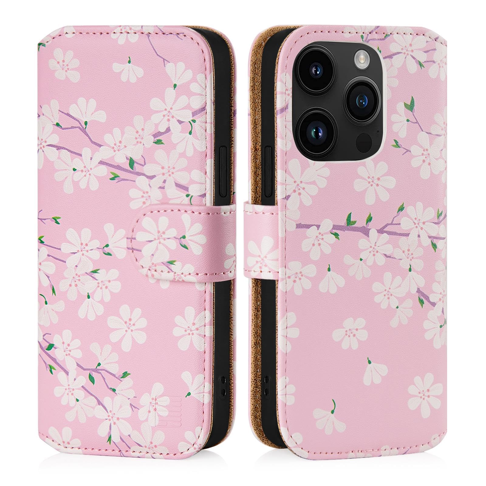 32nd Floral Series 3.0 - Design PU Leather Book Wallet Case Cover for Apple iPhone 15 Pro Max (6.7"), Flip Case With RFID Blocking Card Slots, Magnetic Closure and Built In Stand - Cherry Blossom