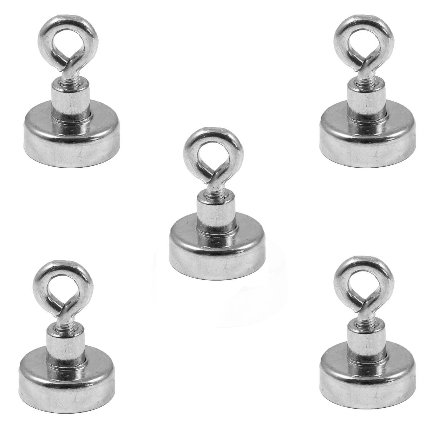 Magnetastico® | 5 pieces neodymium N35 eyelet magnets 20 mm Ø | Holding force 9.0 kilograms | 5 neodymium pot magnets with eyebolt, magnetic eyelet, very strong & galvanised