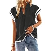 Falechay Womens Tops Summer Short Ruffle Sleeve V Neck Blouses Cute Boho Swiss Dot Lace Shirts Casual Flowy RIC Rac Trims Tee