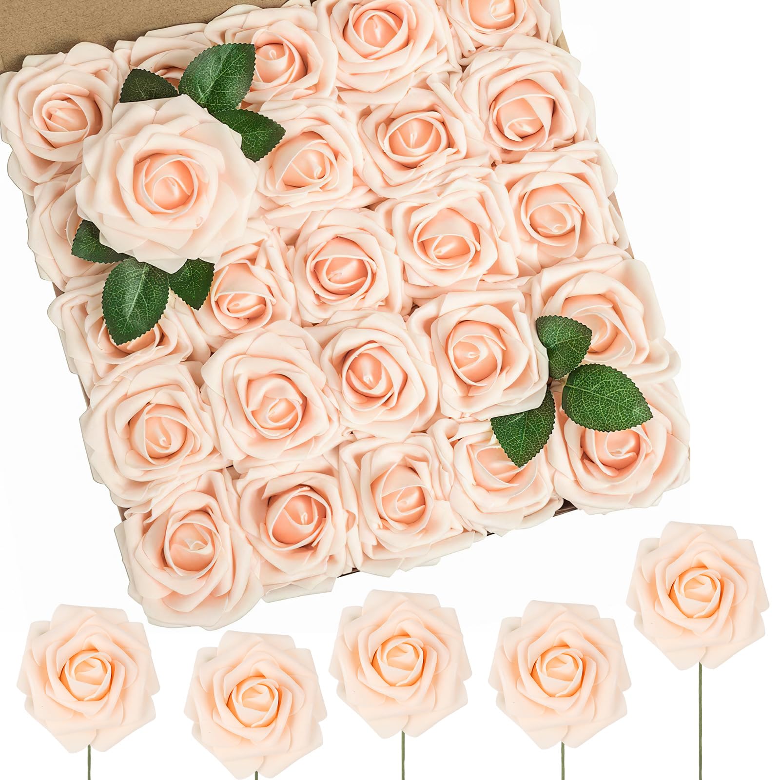 N&T NIETING Artificial Flowers Roses, 50Pcs Real Touch Fake Foam Roses DIY for Wedding Bridal Bouquets, Valentine's Day, Mother's Day, Baby Shower, Home Decoration, Blush