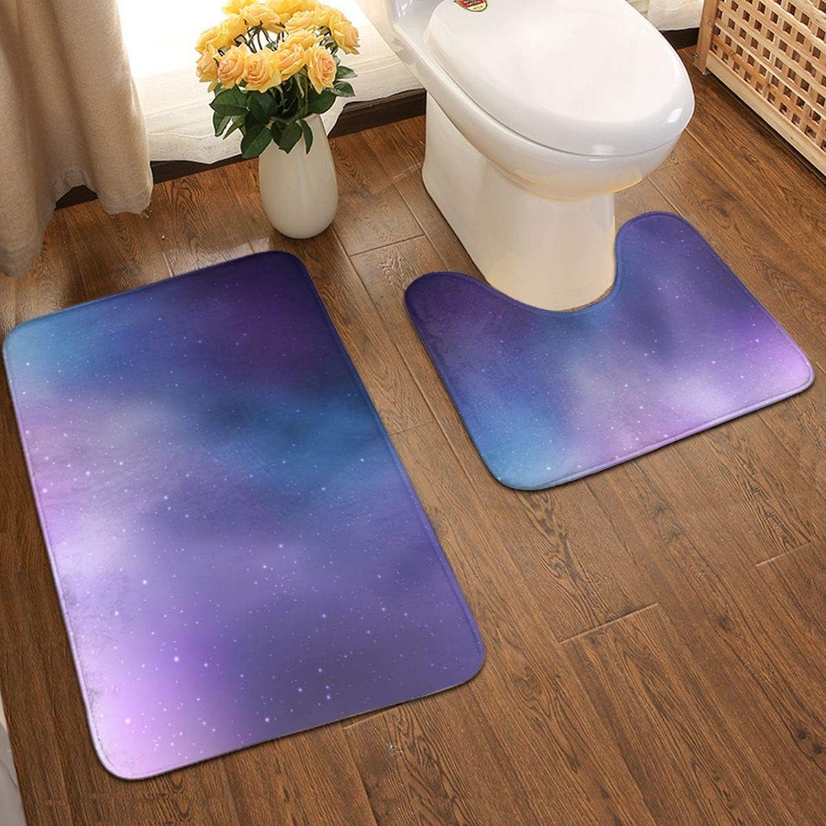 Amazon Com Light Purple With Cosmic Stars Bathroom Antiskid Pad 2 Pieces Bathroom Rugs Set Door Floors Soft Bath Mats Carpet For Tub Shower Customized Home Kitchen