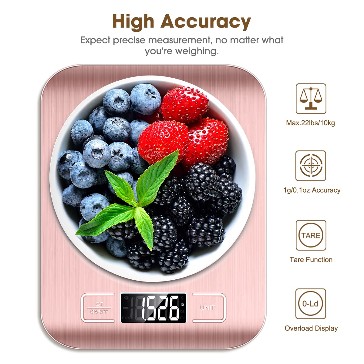 Mik-Nana Food Scale Pink, 10kg/22lb Digital Kitchen Scale Weight Grams and Oz for Baking and Cooking, 1g/0.1oz Precise Graduation, Easy Clean Stainless Steel