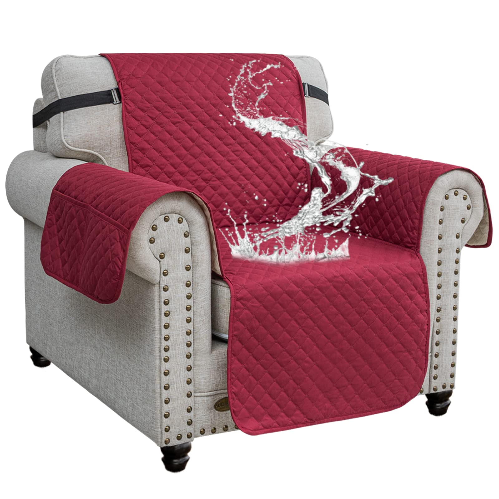 XINEAG Quilted Sofa Covers 1 Seater, Water Resistant Chair Covers for Dogs Pets, Non Slip Sofa Slipcovers with Pockets, Washable Furniture Protector with Elastic Strap (Chair, Red)