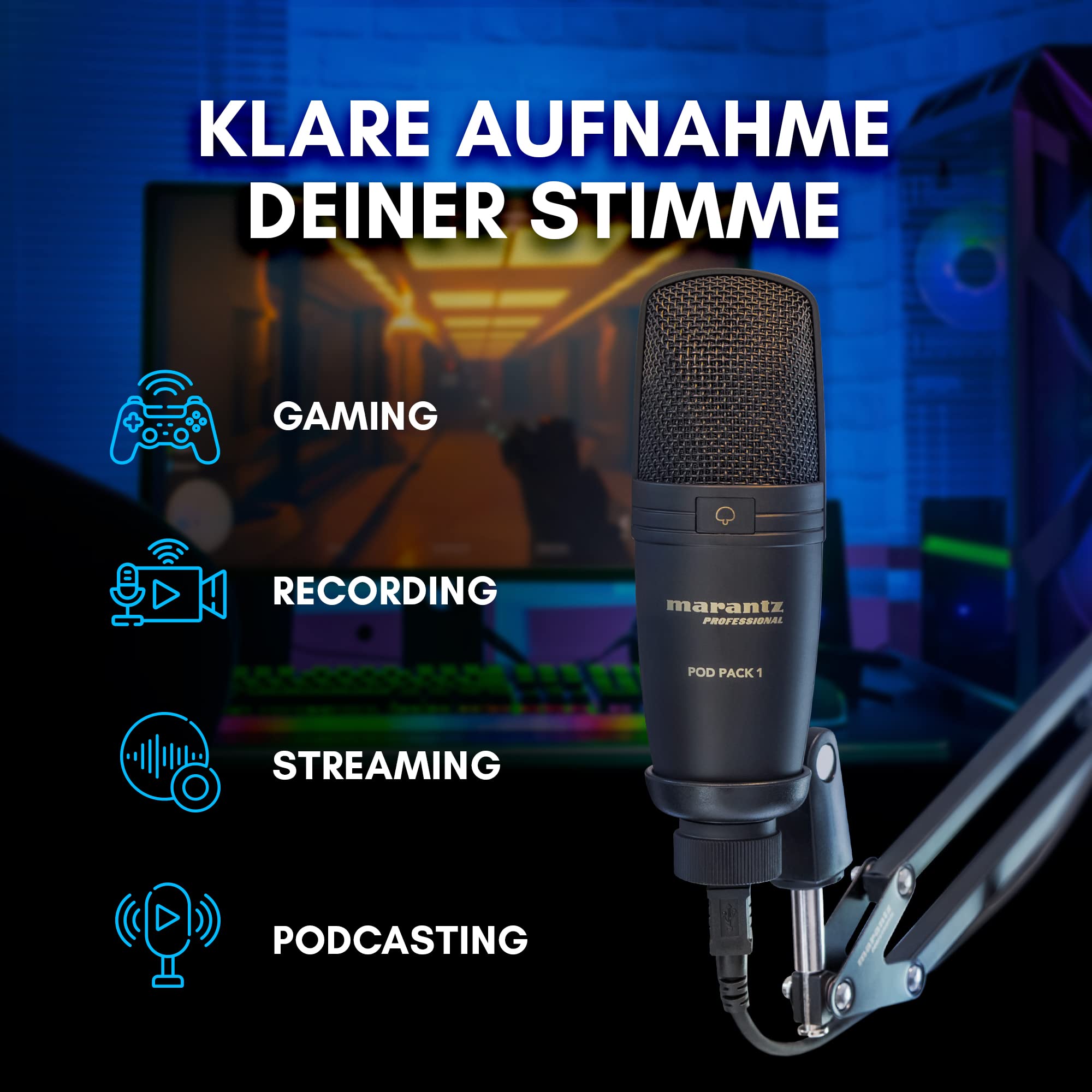 Marantz Professional Pod Pack 1 - USB Kondensator Mikrofon Kit für Gaming, Streaming und Podcasting mit integriertem Audio Interface, verstellbarem Mikrofonarm, Tischklemme, Plug-und-Play 2