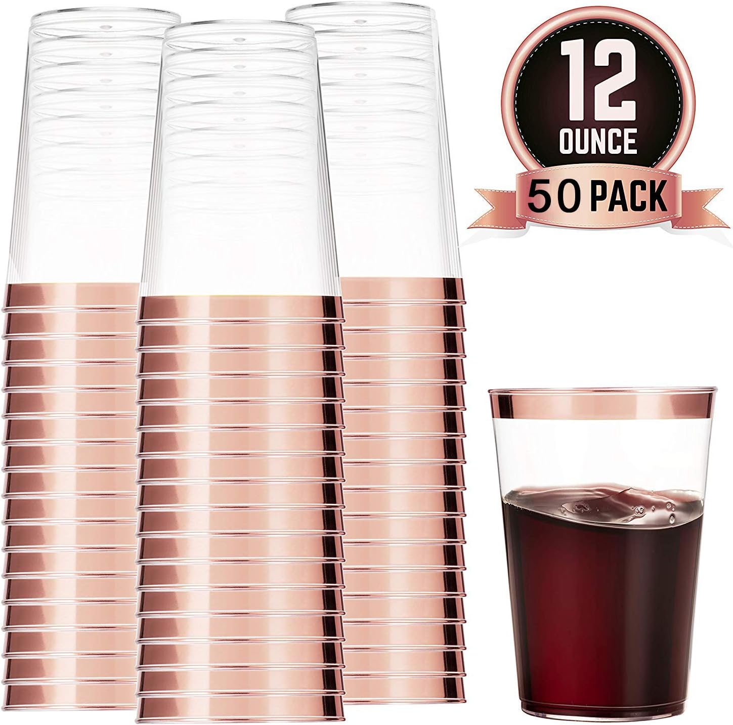 50 Pieces Rose Gold Cups, 12 Oz Clear Rose Gold Rimmed Tumblers, Fancy Wedding Cups, Elegant Party Cups