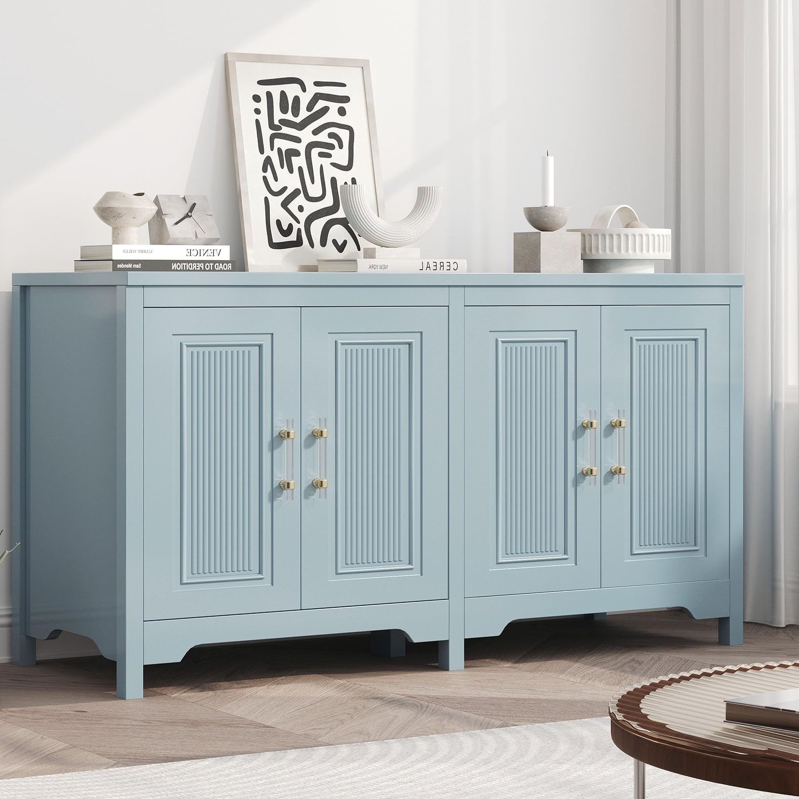 Photo 1 of *missing hardware*Jocoevol Buffet Cabinet with Storage, 55" Large Sideboard Buffet Storage Cabinet with 4 Doors and Shelves, Modern Farmhouse Coffee Bar Station Wood Kitchen Table for Kitchen, Dining Room, Blue