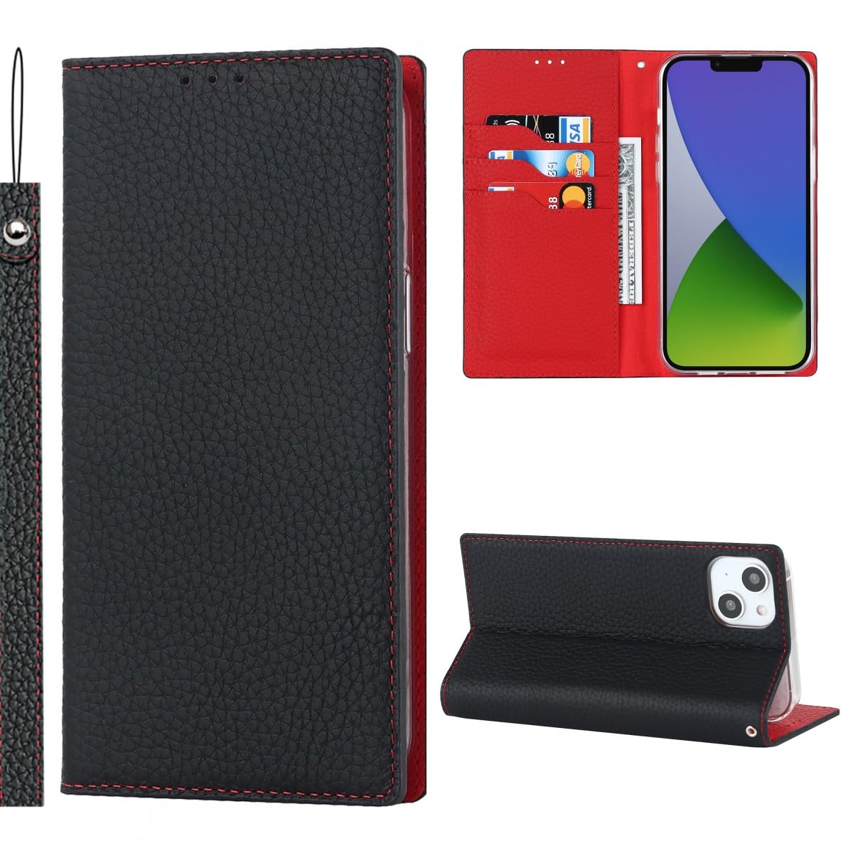 Cavor Phone Case Compatible for iPhone 15 Plus with card holders,Genuine Leather Flip Wallet Case,[3 Card Holders][Magnetic][RFID-Blocking][Lanyard],Protective Case Cover for iPhone 15 Plus - Black