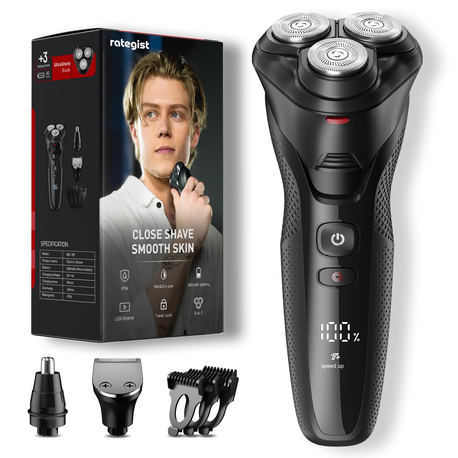 Photo 1 of rategist Cordless Electric Razor for Men: 3-in-1 Shaver for Beard/Nose/Sideburns - IPX7 Waterproof Travel Kit - Turbo Speed & Precision Blades