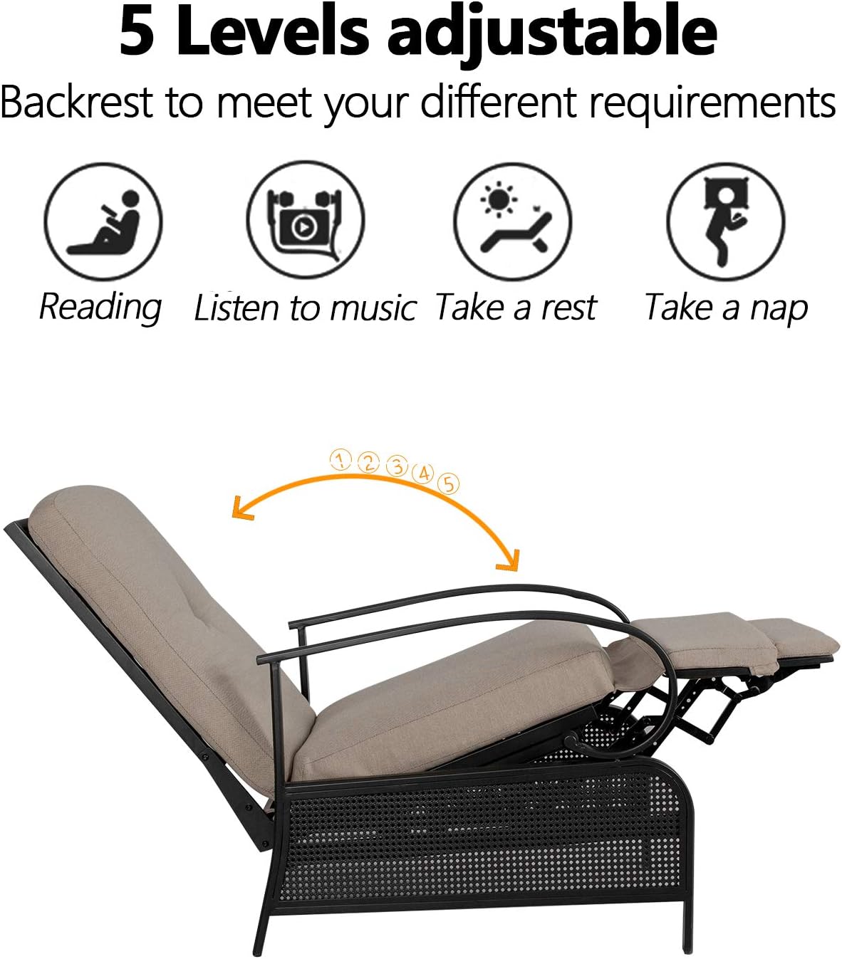 Ulax Furniture Patio Recliner Chair Automatic Adjustable Back Outdoor Lounge Chair with 100% Olefin Cushion (Beige): Kitchen & Dining