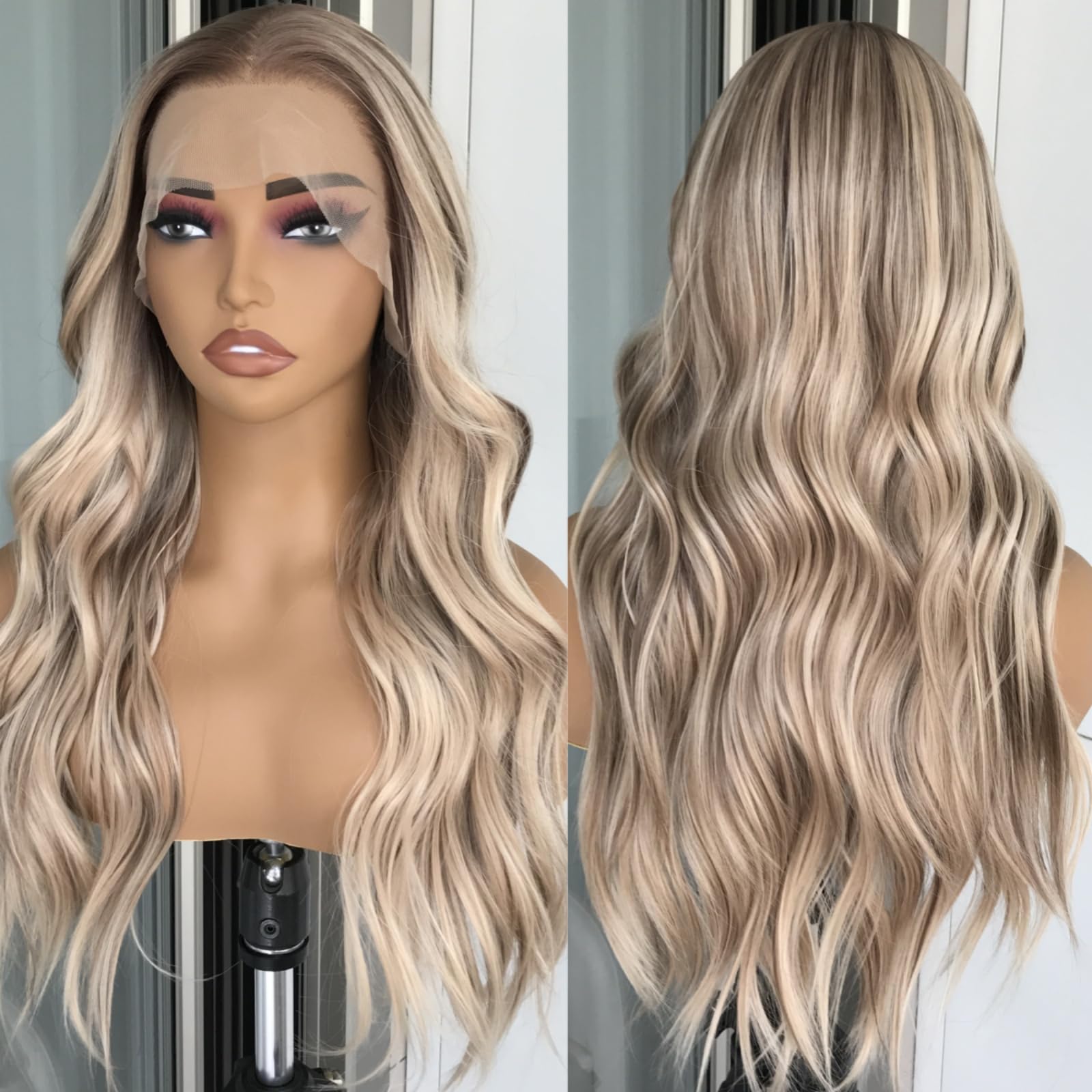 Photo 1 of mytonecoo Honey Blonde with Brown Highlights Long Wavy Synthetic Lace Front Wig for Women Pre Plucked Glueless Ready to Wear Body Wave Lace Wigs 13x4 HD Lace Middle Part Wig 22 Inch