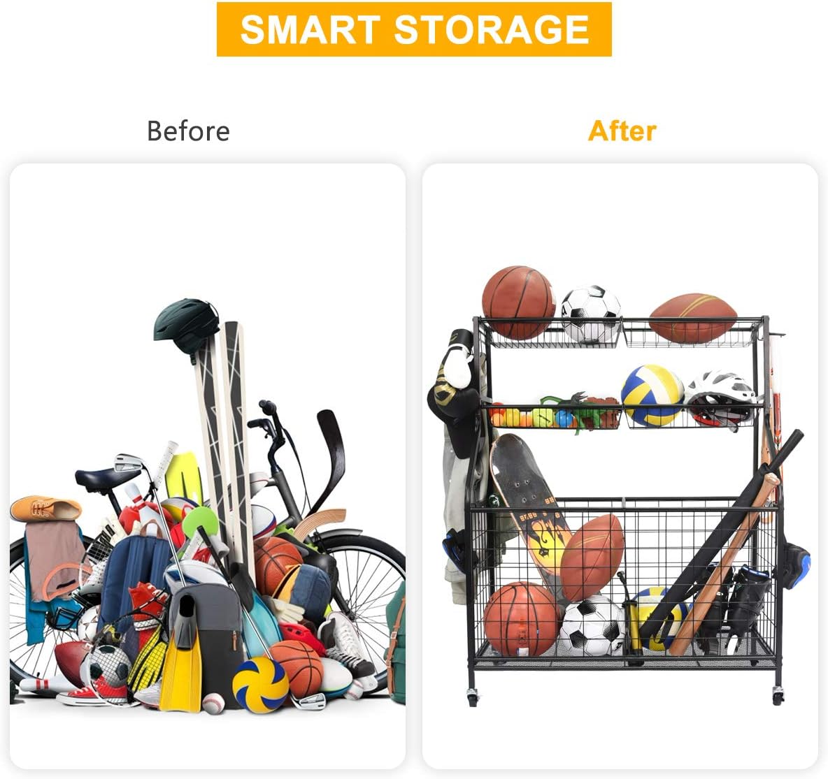 Kinghouse Garage Sports Equipment Organizer, Ball Storage Rack, Garage Ball Storage, Sports Gear Storage, Garage Organizer with Baskets and Hooks, Rolling Sports Ball Storage Cart, Black, Steel: Sports & Outdoors