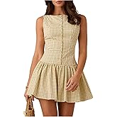 OYOANGLE Women's Gingham Sleeveless Ruffle Short Dress Open Back Button Front Y2K Plaid Dresses
