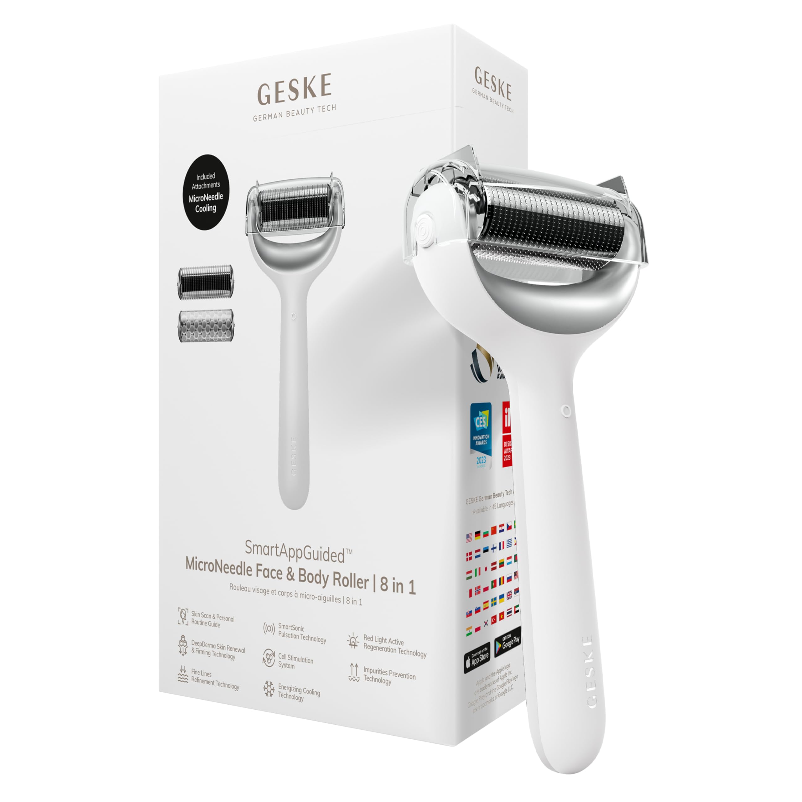 GESKE SmartAppGuided™ MicroNeedle Face & Body Roller | 8 in 1 | Derma Roller | Electric roller | Microneedling device | Needle roller | Beauty roller for face and body — image 1