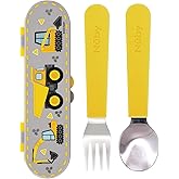 Nuby Stainless Steel Toddler Utensils with Travel Case - Self-Feeding Fork & Spoon Set for Kids - Easy-to-Hold Training Utensils - Rounded Safe Edges for Self-Feeding - Construction Zone