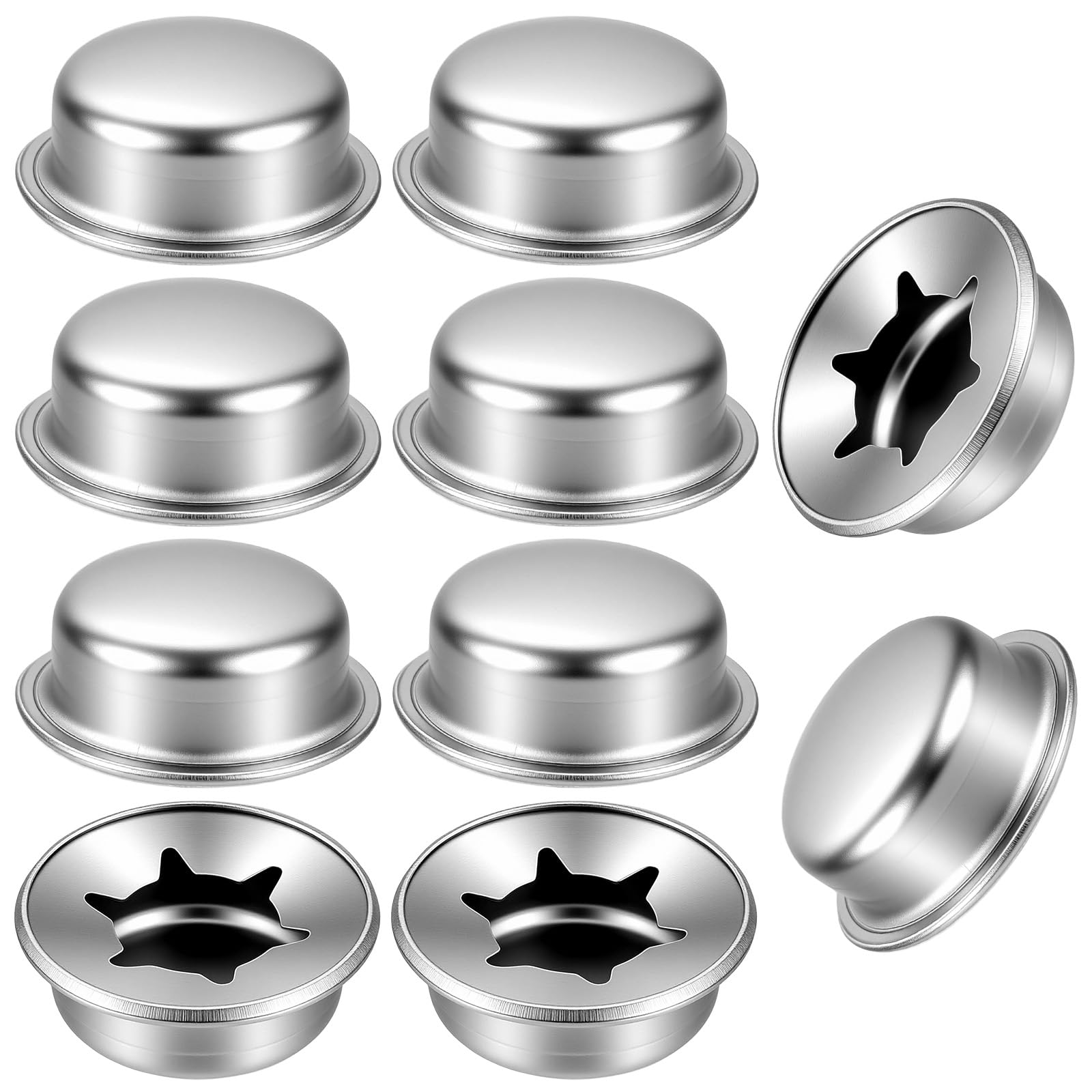 View 1 of 10 Pcs 1/2” Push On Pushnut Caps Silver Axle Cap Nut, Truck Nuts, Permanent Washer Caps for Hand Trucks, Rolling Bins, Lawn Push Wagons, Spring Steel Axle Cap Nuts