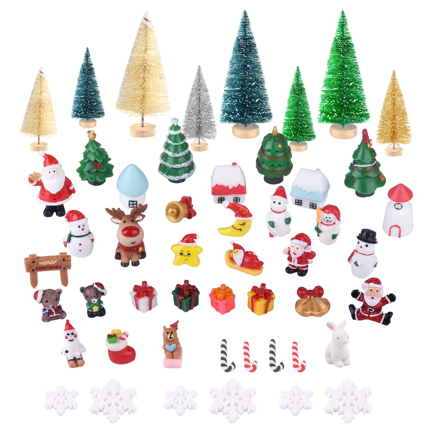 KUUQA 50 Pcs Mini Christmas Ornament Kits, Mini Sisal Snow Frosted Christmas Trees Bottle Brush Trees with Resin Santa Claus, Snowman, Snowflake, Bell, Elk, Candy Cane for Christmas Party Supplies