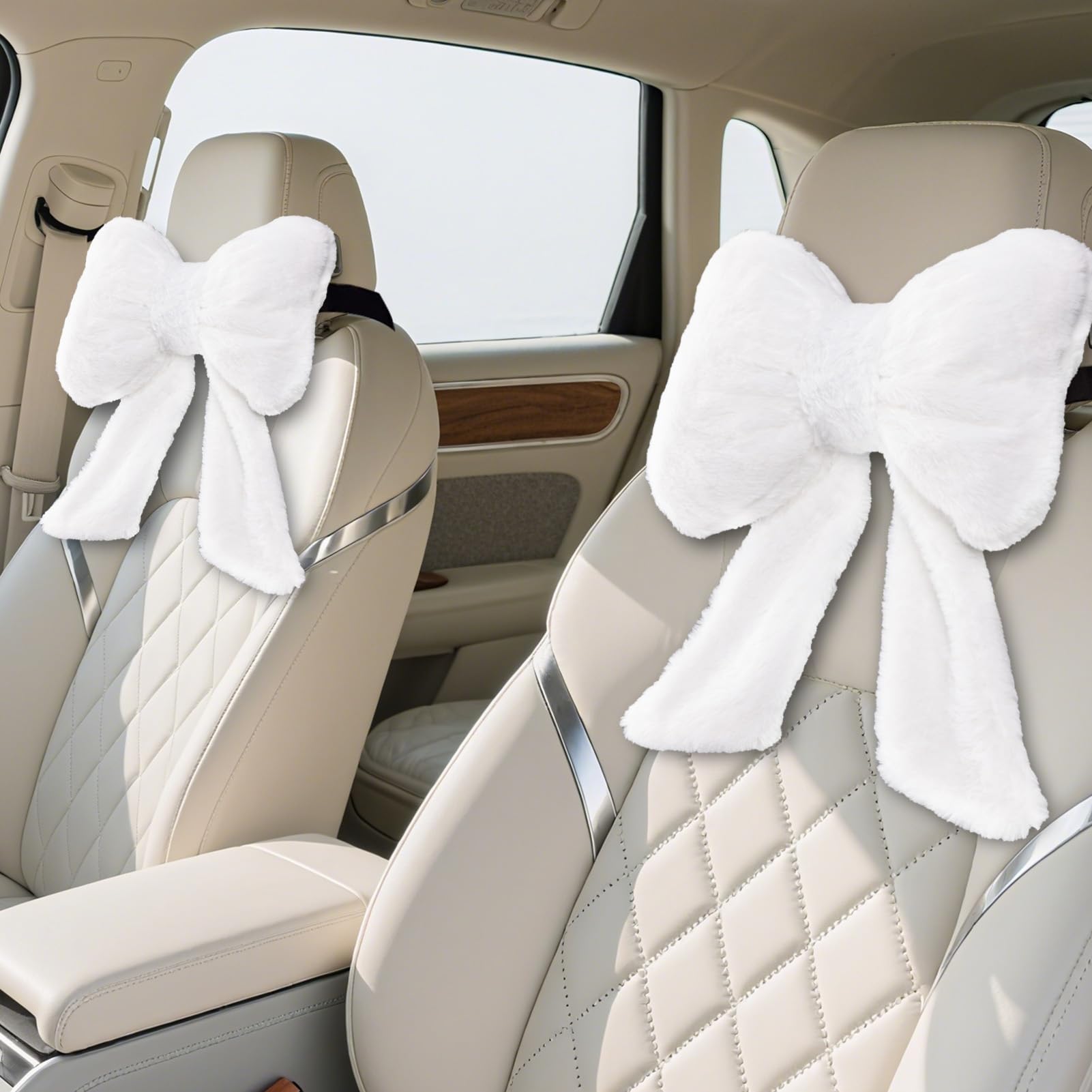 iHUFeather 2 Pack Bow Car Headrest Pillows Plush Car Neck Pillows for Travel Driving Office Chair Head Support Cushions, Also Cute Car Decor Accessories (White)