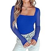 AGECODE Women's Square Neck Mesh Long Sleeve Bodysuit Shirts Ruched Body Suit Leotard Tops