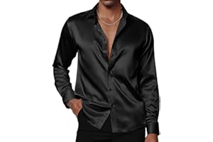 PJ PAUL JONES Men's Shiny Satin Dress Shirts Long Sleeve Button Down Silk Shirt with Bow Tie