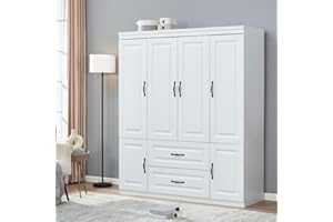 WONDERWARD 71" H Closet Wardrobe with 4 Doors 2 Drawers White Armoire Wardrobe Closets Freestanding Bedroom Armoires Wardrobe Cabinet with Hanging Rod Large Wooden Clothes Storage Closets