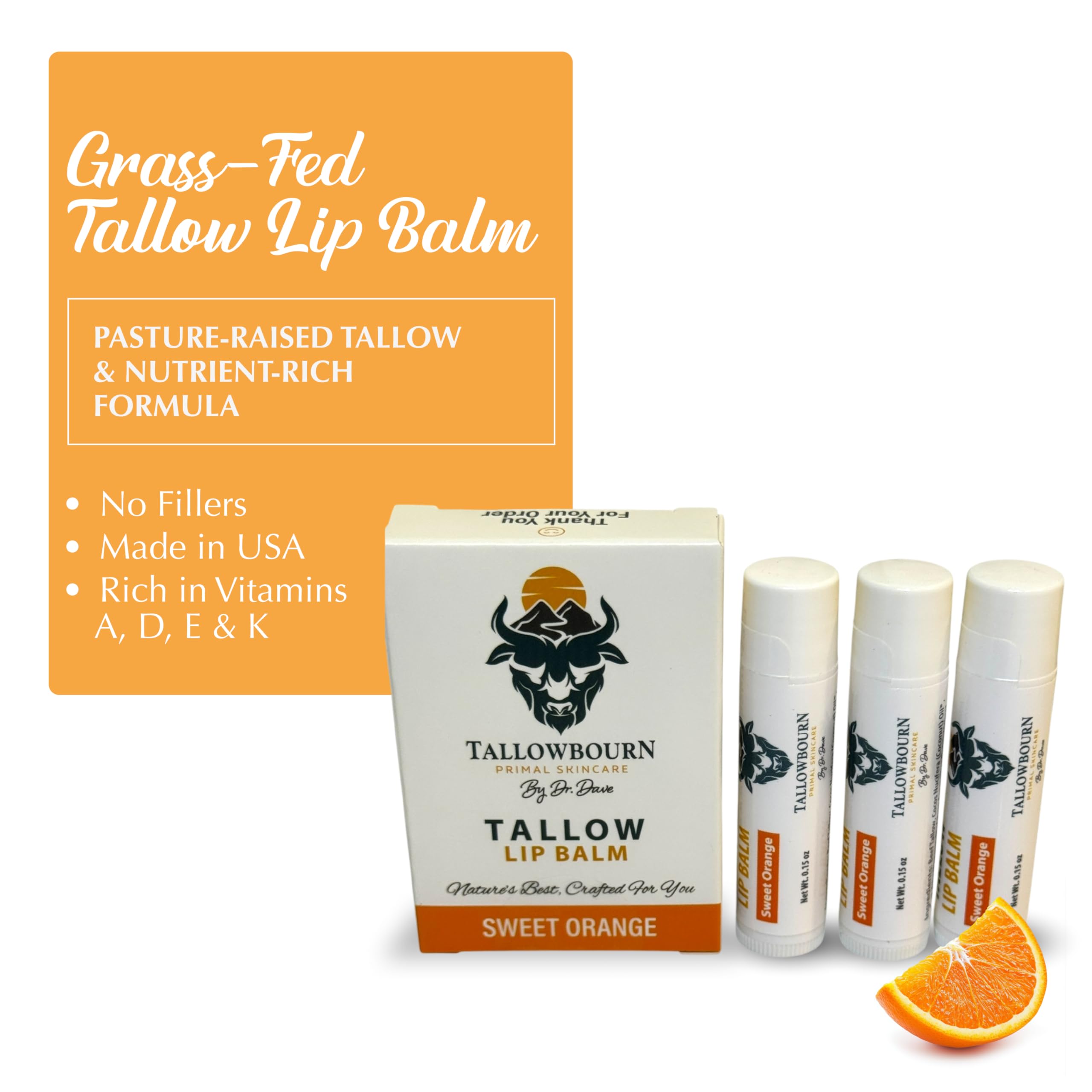 Moisturizing Tallow Lip Balm – Grass-Fed Beef Tallow with Organic Coconut Oil, Beeswax, and Vitamin E – Sweet Orange – Lip Balm Set – Travel Essential – 3-Pack