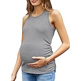 Women's Maternity Tank Tops Summer Sleeveless Crew Neck Ribbed Knit Slim Fitted Blouse Side Ruched Pregnancy Shirts