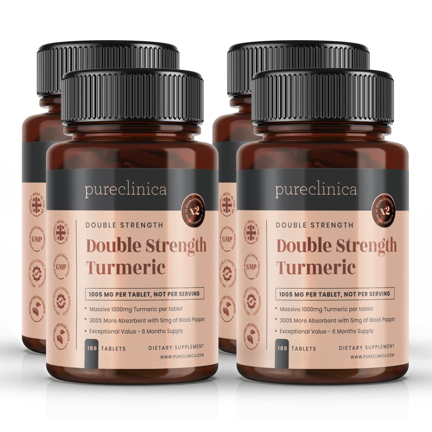 Double Strength Turmeric - 1000mg x 720 Tablets (4 Bottles of 180)- Natural Levels of Curcumin - and 5mg Black Pepper Extract.