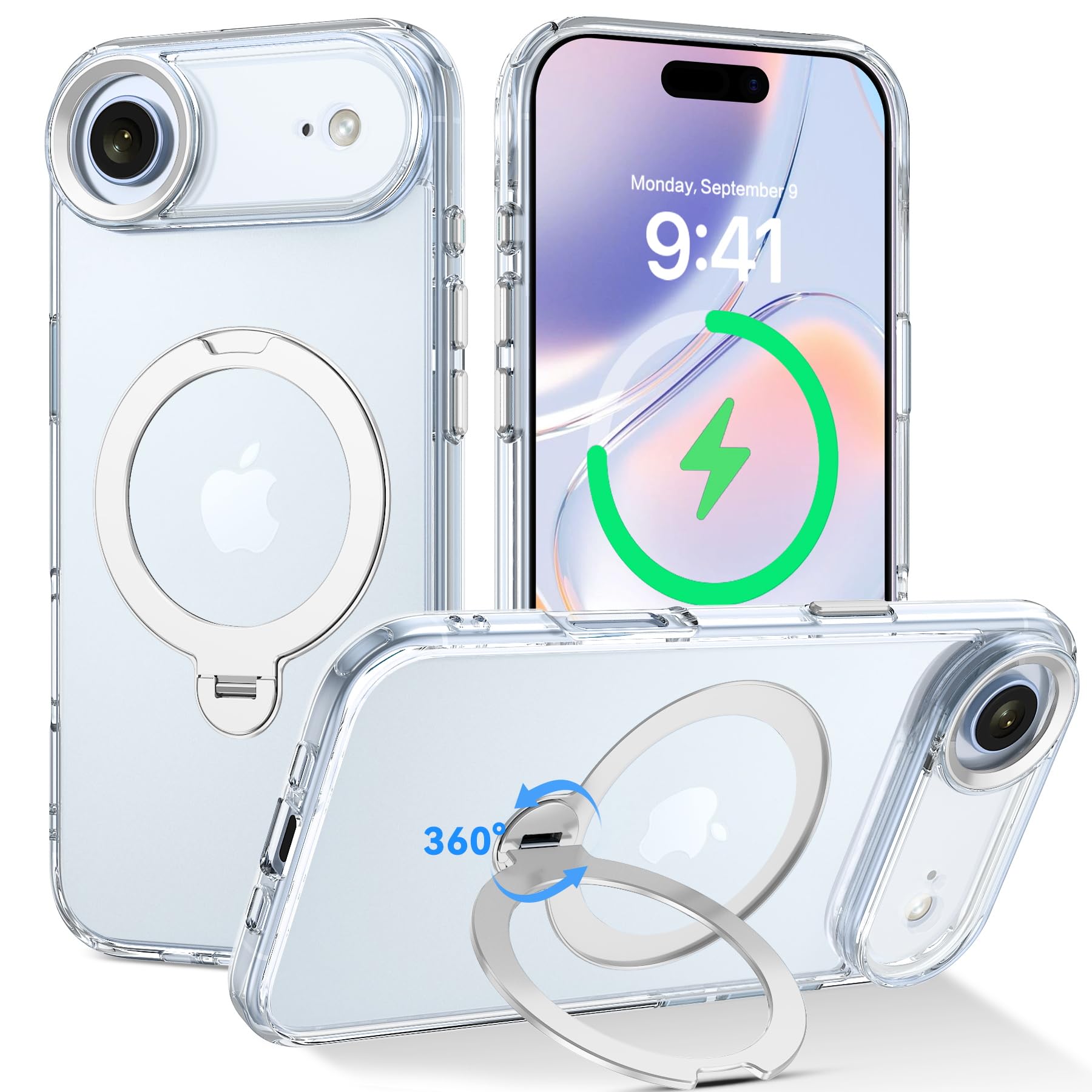 DUEDUE for iPhone Air Case with 360°Spin Magnetic Stand[Compatible with MagSafe][Rotatable Ring Holder], Transparent Cover Anti-Yellowing Protection Cases for iPhone Air/17 Air 6.5", Clear