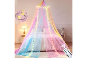Lovelite Rainbow Bed Canopy for Girls, Canopy Bed Curtain with Warm White Star String Lights for Girls Bedroom, Dome Princess Canopy for Twin to King Size Kids Bed Decor