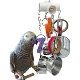 GILYGI Durable Bird Parrots Pots and Bagel Toys, Pullable Stainless Steel Cup and Cardboard Ring Toys for Amazons Mini Macaws African Greys Cockatoos Eclectus