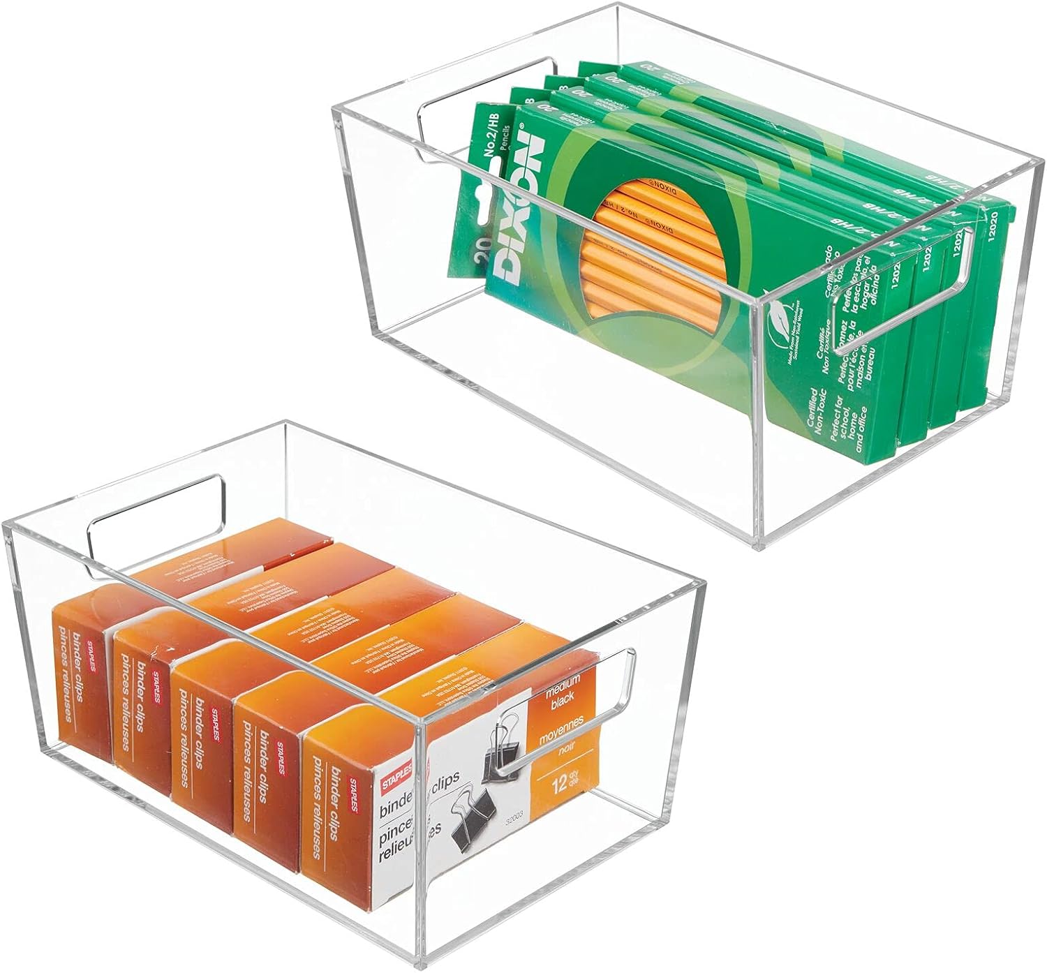 mDesign Rectangular Plastic Office Supplies Storage Organizer Bin with Handles for Paper Pads, Pens, Pencils, Dry Erase Markers, Highlighters, Sticky Notes, Mailing Labels - Small, 2 Pack - Clear: Home & Kitchen