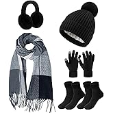 Geyoga 6 Pcs Winter Hat Scarf Gloves Set Knitted Touchscreen Gloves Plaid Scarf Earmuffs Socks Gift for Women Men