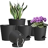 WSMKSZ 7/6.5/6/5.5/5/4 inch Self Watering Pots for Indoor Outdoor Plants, 6 Pack Plastic Flower Planters with Drainage Holes and Removable Saucers, Plant Pots with Wicking Rope, Modern Decor, Black