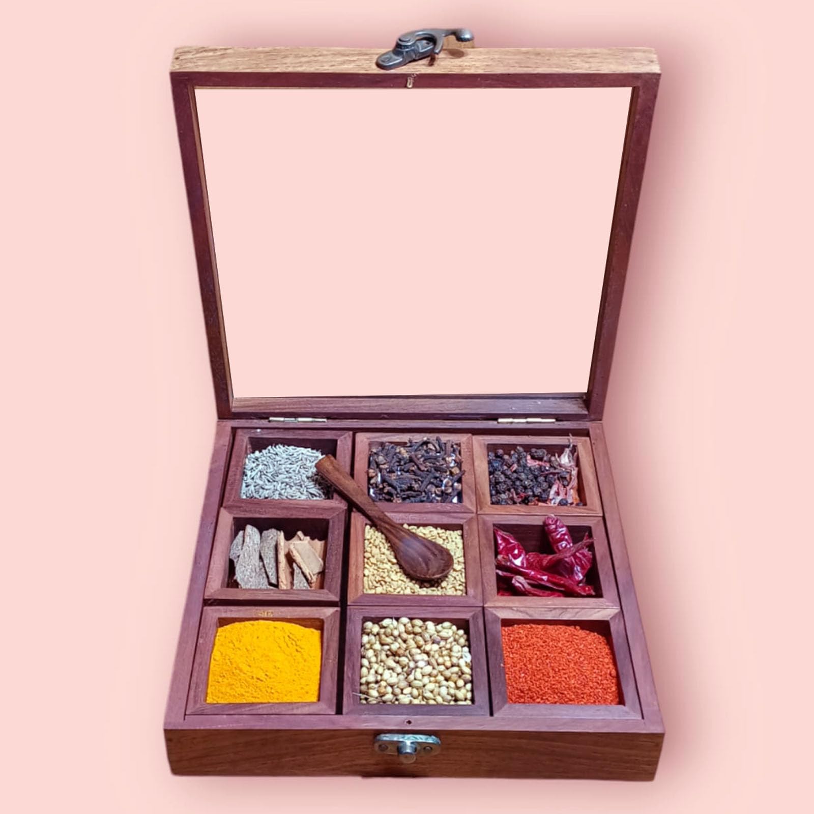 SATYA EXPORTS Wooden Spice Box & Masala Box Wooden Utility spice Box/Glass Top/Made of Finest Wood/Quality Assured Spice Box-9 jar
