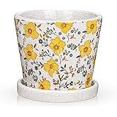Small Ceramic Pot for Indoor Plants - 5.5 inch Plant Pot with Drainage Hole and Saucer Yellow Flower Decorative Planter Indoor Outdoor Pots for Succulent Cactus Pothos Plant Windowsill Home Garden