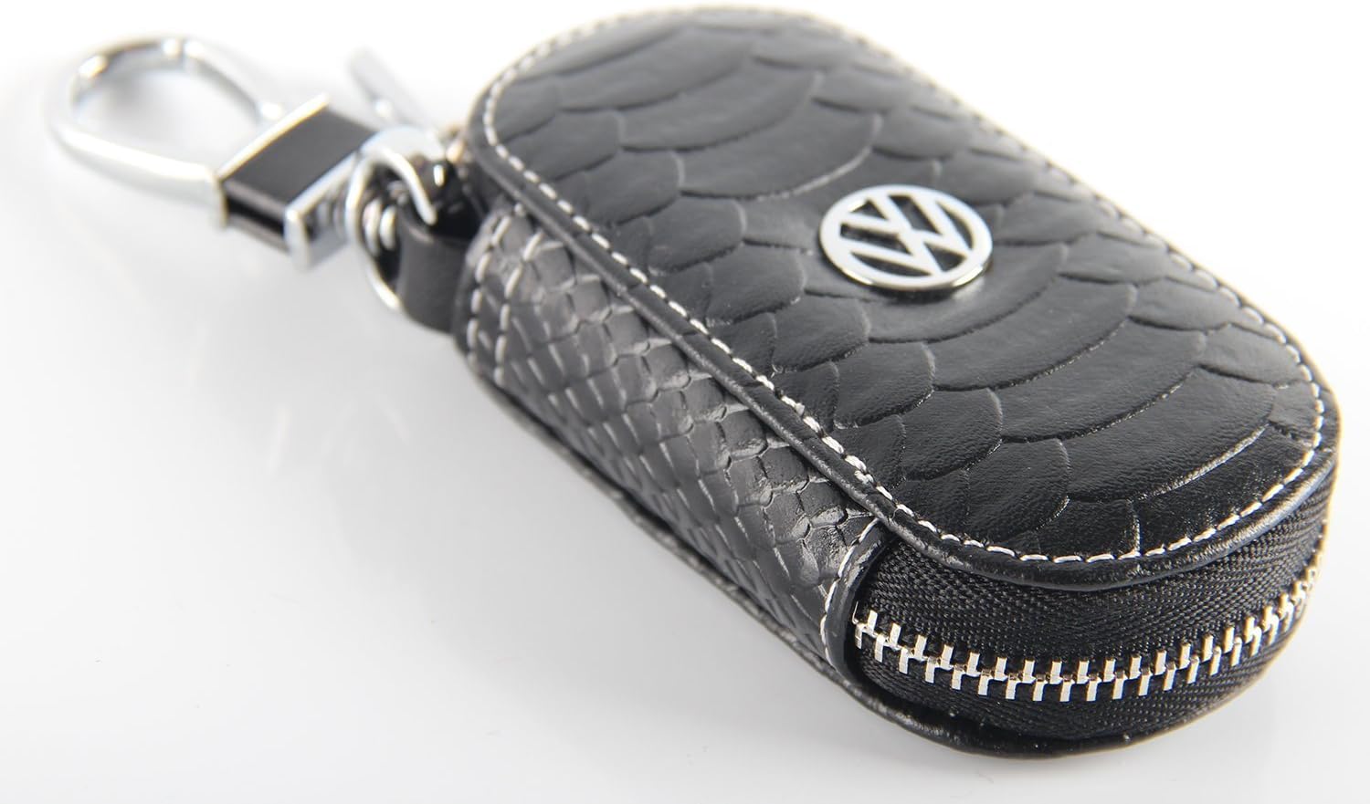 Key Chain Bag Oval Fish Scale Stripes Genuine Leather Ring Holder Case Car Auto Coin Universal Remote Smart Key Cover Fob Alarm Security Zipper Keychain Wallet Bag (Black, VW.Volkswagen)