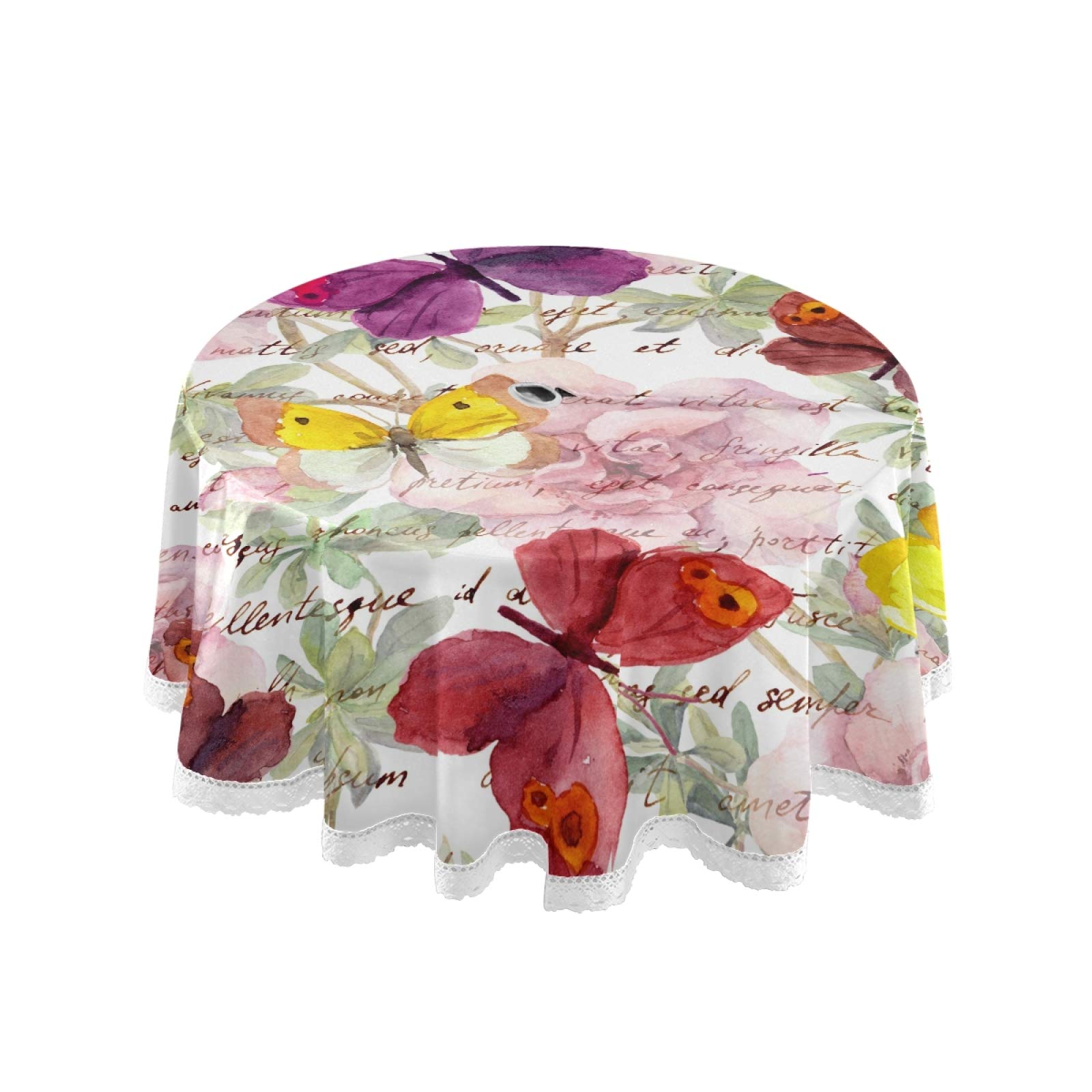 xigua Vintage Letter Butterfly Umbrella Hole Tablecloth for Outdoor, Waterproof Spillproof Round Tablecloth with Zipper, Spring & Summer Table Covers for Backyard Circular Table BBQs Picnic 60inch