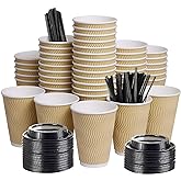 SPRINGPACK Disposable Paper Coffee Cups with Lids, 100 pack 12 oz Ripple Wall Insulated To Go Coffee Cups for Hot/Cold Beverage, Recyclable Takeaway Drinking Cups for Home Office Cafe Party