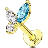 COCHARM 14K Gold Plated Cartilage Earrings Stud 16G Blue CZ Internally Threaded Helix Tragus Earrings Stud 925 Sterling Silver Surgical Steel