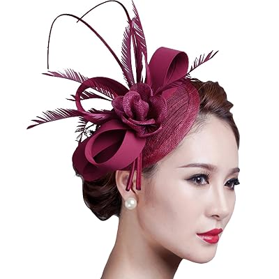Fascinators Hat, Fascigirl Sinamay Feather Veil Flower Pillbox Hat Hair Clip Kentucky Derby Hat for Women Girls Party Wedding
