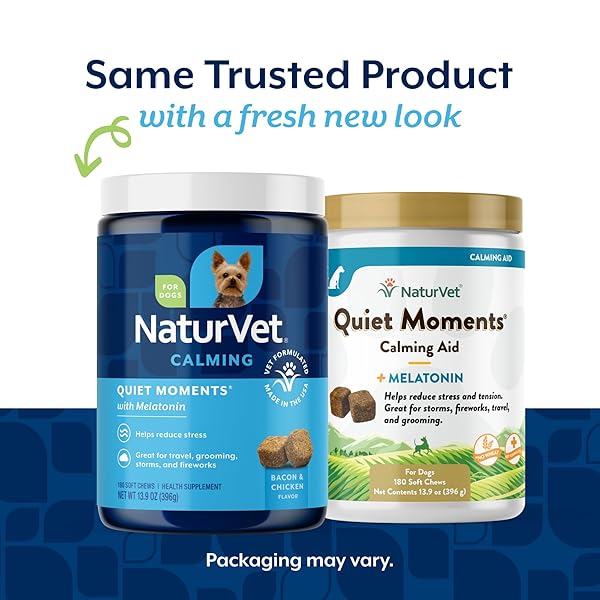 NATURVET QUIET MOMENTS CALMING DOG SUPPLEMENT, DOG SOFT CHEWS WITH MELATONIN TO HELP REDUCE STRESS FROM STORMS, THE VET, FIREWORKS, AND TRAVEL, BACON AND CHICKEN FLAVORED PET SUPPLEMENT, 180 COUNT JAR