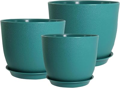 PROFIKLA Plastic Plant Pot Set 20cm 18cm 16cm with Drainage Holes Saucers Blue