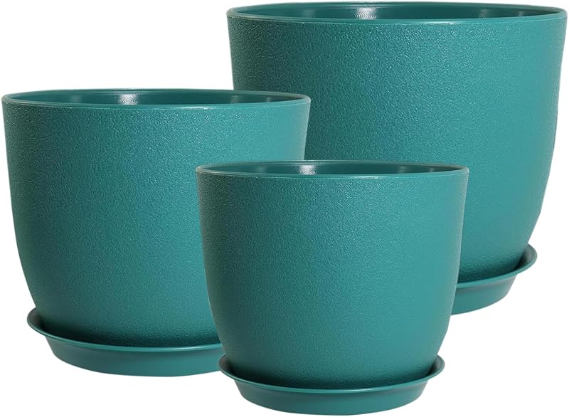 PROFIKLA Plastic Plant Pot Set 20cm 18cm 16cm with Drainage Holes Saucers Blue