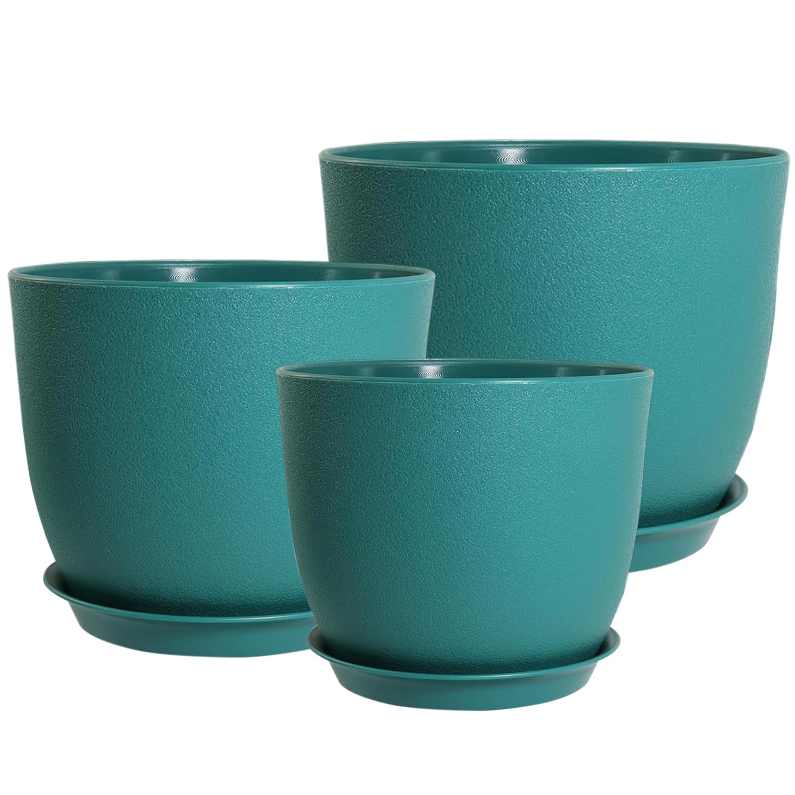 PROFIKLA 20cm, 18cm, 16cm Plastic Plant Pots, Plant Pots with Drainage Holes and Saucers, A Set of 3 Flower Pots, Modern Decorative Planters, Blue
