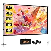 STWUI Outdoor-Projector-Screen-with-Stand - 120 inch Portable Projector Screen Indoor Outdoor Projector Screens 16:9 4K HD Lightweight Movie Screen with Carry Bag for Backyard Movie Night